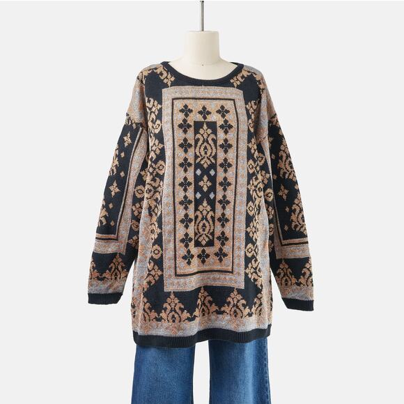 Vintage Black Metallic Baroque Sweater Silver and Antique Gold M L - Picture 1 of 5